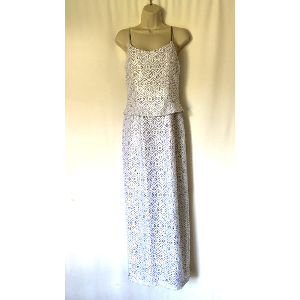 Vtg Cache Dress 10 Maxi Long White Silver Shinny Elegant Studded Straps Flaws
